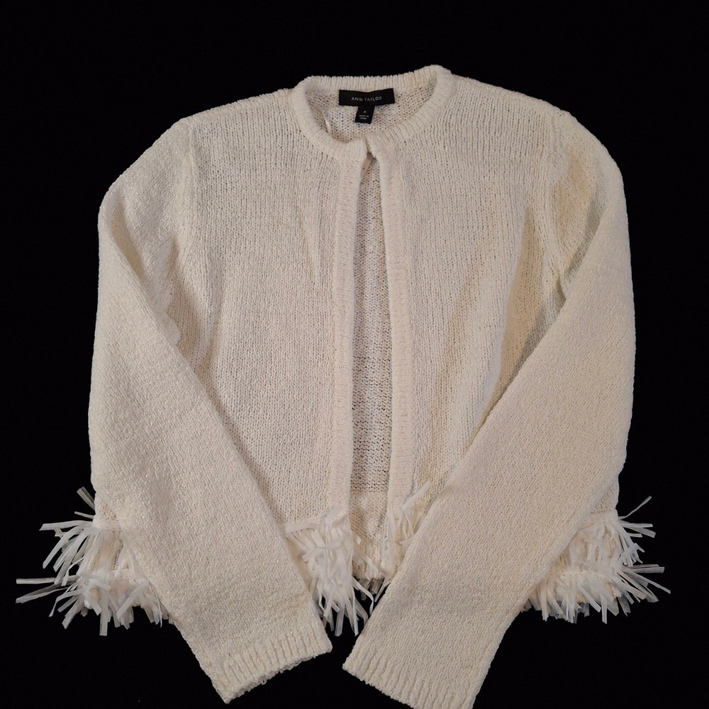 Ann Taylor Women Medium Cardigan White Ribbon Fringe Knit Open Front Sweater NWT